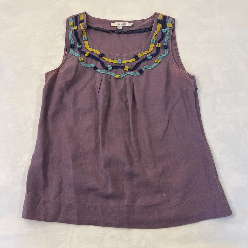 Boden Purple Linen Top Ribbon Trim Neckline